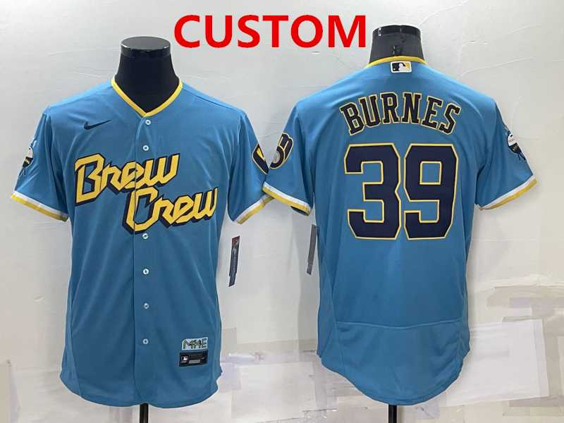 Mens Milwaukee Brewers Custom Blue 2022 City Connect Flex Base Stitched Jersey->customized mlb jersey->Custom Jersey